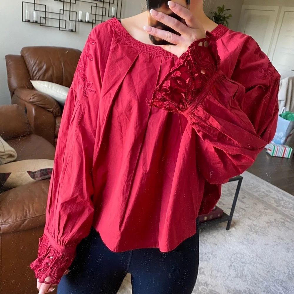 FREE PEOPLE WISHING WELL RED LACE COTTON BLOUSE XS